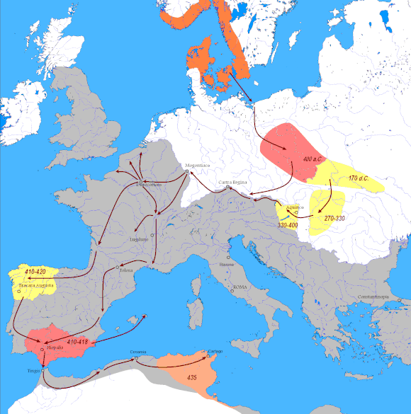 Migrations of the Vandals from Scandinavia through Dacia, Gaul, Iberia, and into North Africa. Grey: Roman Empire.