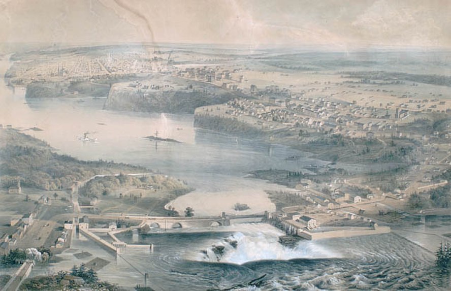 A view of Ottawa, some of Hull and of the Ottawa River circa 1859, including views of the Chaudière Falls and of Parliament Hill (formerly Barrack Hill) prior to the construction of the Parliament Buildings. Ottawa, Ontario, Canada. Lithograph, hand-coloured, some discolouration, water mark at top left. Crack in paper, upper centre