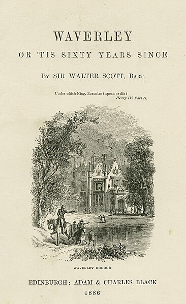 Depicts Edward Waverley leaving his father's home of Waverley Honour on horseback (Waverley, ch. 2).