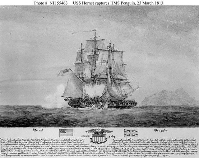 British and U.S. troops garrisoned aboard Hornet and Penguin exchanging small arms musket fire with Tristan da Cuna in the background during the final