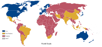 A world map of countries by their trading status in 2000, using Wallerstein's categories of core countries (blue), semi-periphery countries (yellow) and periphery countries (red). Based on a list in Dunn, Kawana, Brewer. World trade map.PNG