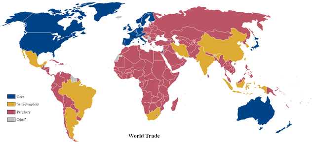 A world map of countries by their supposed trading status in 2000, using the world system differentiation into core countries (blue), semi-periphery countries (yellow) and periphery countries (red). Based on the list in Dunn, Kawana, Brewer. World trade map.PNG