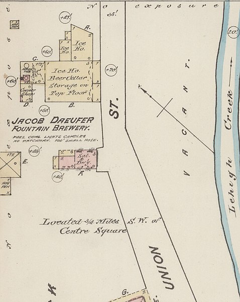 File:"JACOB DAEUFER FOUNTAIN BREWERY" on Union Street in March 1885, from- Sanborn Fire Insurance Map from Allentown, Lehigh County, Pennsylvania. LOC sanborn07494 001-2 (cropped).jpg