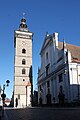 Čeština: Černá věž a katedrála svatého Mikuláše v Českých Budějovicích. English: Black Tower and Cathedral of Saint Nicholas in České Budějovice, South Bohemian Region, Czechia.