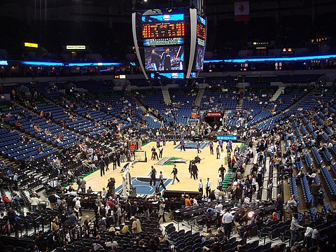 The Timberwolves conduct pre-game warm-ups at their home Arena, the Target Center