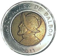 Монета 1 бальбоа с изображением конкистадора Васко Нуньеса де Бальбоа. В данном виде монета выпускается с 2011 года
