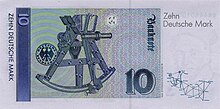 Back of German 10-Deutsche Mark Banknote (1993; discontinued) featuring the heliotrope and a section of the triangulation network carried out by Gauss, in which this instrument was used. 10 DM Serie4 Rueckseite.jpg