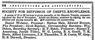 Boston Almanac listing for the society, 1838 1838 Society Diffusion UsefulKnowledge BostonAlmanac.png