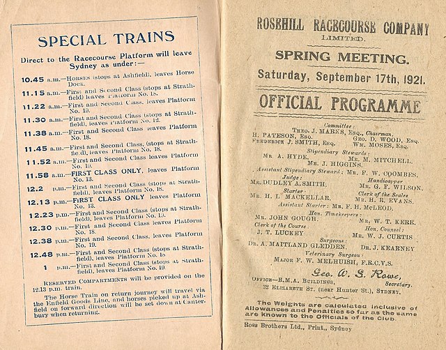 Showing officials and race day train timetable.