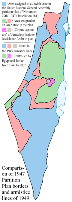 Comparison between the boundaries in the November 29th 1947 United Nations General Assembly partition plan (Resolution 181) for the British Mandate Territory of Palestine and the eventual armistice boundaries of 1949-1950. *Blue = area assigned to a Jewish state in the original UN partition plan, and within the 1949 Israel armistice lines. *Green = area assigned to an Arab state in the original UN partition plan, and controlled by Egypt or Jordan from 1949-1967. *Light red = area assigned to an Arab state in the original UN partition plan, but within the 1949 Israel armistice lines. *Magenta = area assigned to the "Corpus Separatum" of Jerusalem/Bethlehem (neither Jewish nor Arab) by the plan, but controlled by Jordan from 1949-1967. *Greyish = area assigned to the "Corpus Separatum" of Jerusalem/Bethlehem (neither Jewish nor Arab) by the plan, but within the 1949 Israel armistice lines.