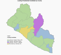 First round presidential map showing the winners of each county 2011 Liberian 1st round election map.png