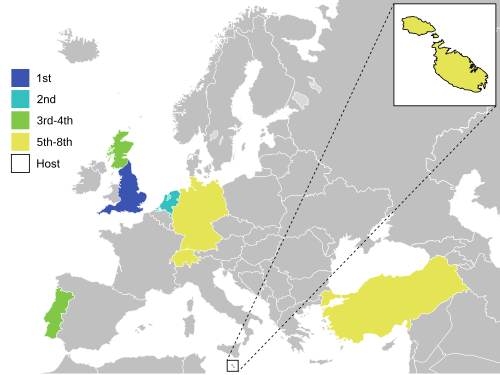 Map of the 2014 UEFA European Under-17 Championship finalist teams and their performances. The inset shows Malta (host). 2014 UEFA European Under-17 Championship map.svg