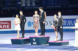 Nguyen/Kolesnik (left) with Kazakova / Reviya (center) and Shanaeva / Naryzhnyy (right) on the 2019–20 JGP Final podium