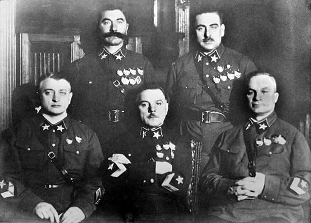 The first five Marshals of the Soviet Union in November 1935, clockwise from top left: Semyon Budyonny, Vasily Blyukher, Alexander Yegorov, Kliment Vo