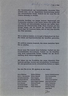 The Oberhausen Manifesto, proclaimed in 1962 at the 8th festival 62 ob manifest text.jpg