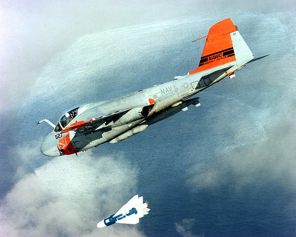 An A-6E SWIP Intruder releasing a Walleye II during testing at NAWC Pax River, 1994.