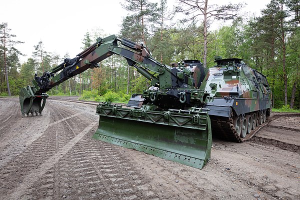 The AEV 3 Kodiak offered by Rheinmetall is a current generation military engineering vehicle; it is built on the base of the Leopard 2 MBT.