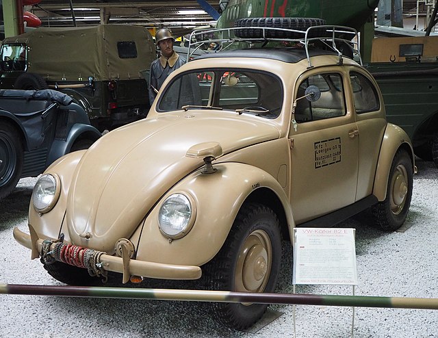 Sand-coloured VW Type 82E with four-wheel drive–a Wehrmacht Beetle.