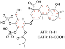 Numbered chemical structure of protonated ATR/CATR. The R group difference is depicted for ATR and CATR. ATR-CATR Numbered Diagram.png