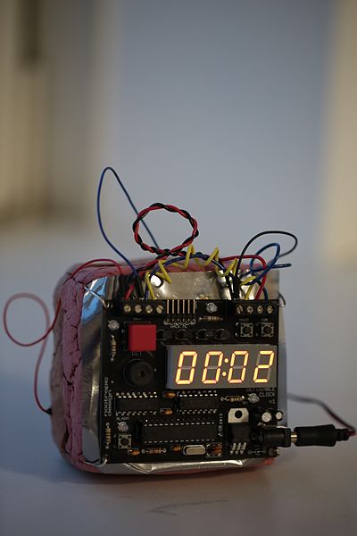 File:A bomb or an IED (12249197884).jpg
Description 	A bomb with a defusable clock from nootropic design. The design from nootropic is a nice way to teach electronic using an improvised explosive device ;-)
Date 	31 January 2014, 08:49
Source 	A bomb or an IED
Author 	Alexandre Dulaunoy from Les Bulles, Chiny, Belgium