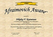 Afraimovich Award granted to N. Kuznetsov for The theory of hidden oscillations and stability of dynamical systems (2021) Afraimovich Award Diploma 2021.jpg