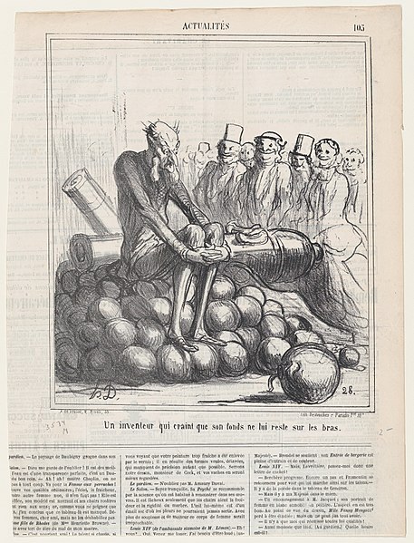 File:An inventor who is afraid of getting stuck, sitting on his stock, from 'News of the day,' published in Le Charivari, May 31, 1867 MET DP877602.jpg