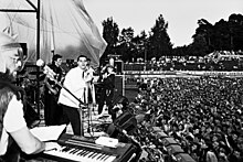 Rock band Antis, which under firm censorship actively mocked the Soviet Union regime by using metaphors in their lyrics, during an Anti-Sovietism, Anti-communism concert in 1987 Antis rock band on stage during the first edition of the Rock March (Vilnius, Lithuania, 1987).jpg