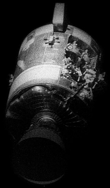 Odyssey's damaged service module, as seen from the Apollo Lunar Module Aquarius, hours before reentry