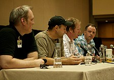 (Da sinistra a destra) Ned Hastings, Jim Fortier, Dave Willis e Daniel McDevitt al panel di Aqua Teen Hunger Force e Squidbillies del Dragon Con nel 2008