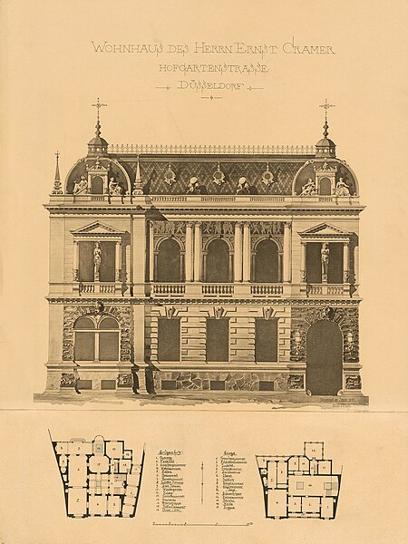 Aufriss und Grundriss des Wohnhauses Ernst Cramer an der Hofgartenstraße 6 in Düsseldorf; erbaut von Boldt & Frings, Architekten daselbst.