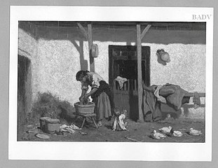 Peasant woman washing in her house