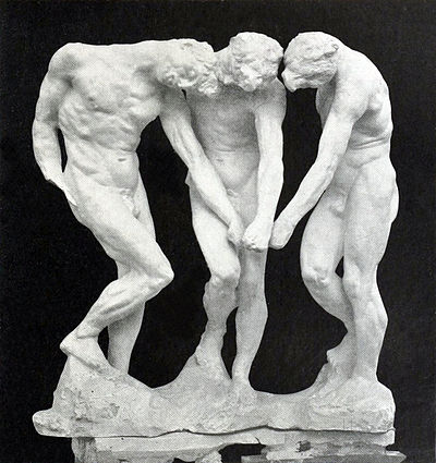 Auguste Rodin, before 1886, The three shades, plaster, 97 x 91.3 x 54.3 cm. In Dante's Divine Comedy, the shades, i.e. the souls of the damned, stand at the entrance to Hell, pointing to an unequivocal inscription, “Abandon hope, all ye who enter here”. Rodin assembled three identical figures that seem to be turning around the same point.[14]