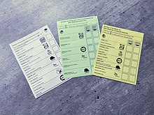 Ballot papers for 6 May elections. These ballots were for elections open to a voter in Coventry. Ballot papers for the 2021 United Kingdom local elections.jpg