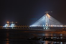 The Bandra-Worli Sea Link main cable span lit up for first time during construction. Bandra-Worli Sea Link night.jpg