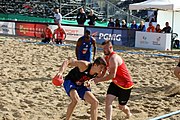 Deutsch: Beachhandball Europameisterschaften 2019 (Beach handball Euro); Tag 1: 2. Juli 2019 – Männer, Vorrunde Gruppe D, Frankreich-Montenegro 2:0 (19:7, 18:9) English: Beach handball Euro; Day 1: 2 July 2019 – Men Preliminary Round Group D – France-Montenegro 2:0 (19:7, 18:9)