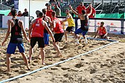 Deutsch: Beachhandball Europameisterschaften 2019 (Beach handball Euro); Tag 1: 2. Juli 2019 – Männer, Vorrunde Gruppe D, Frankreich-Montenegro 2:0 (19:7, 18:9) English: Beach handball Euro; Day 1: 2 July 2019 – Men Preliminary Round Group D – France-Montenegro 2:0 (19:7, 18:9)