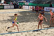 Deutsch: Beachhandball Europameisterschaften 2019 (Beach handball Euro); Tag 2: 3. Juli 2019 – Frauen, Vorrunde Gruppe D, Nordmazedonien-Ukraine 1:2 (15:26, 23:22, 6:8) English: Beach handball Euro; Day 2: 3 July 2019 – Women Preliminary Round Group D – North Macedonia-Ukraine 1:2 (15:26, 23:22, 6:8)