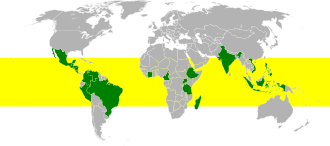 The bean belt in yellow: The 20 largest producers (2011) are in green. Bean belt (top 20 coffee producers 2011).svg