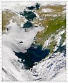 Satellite photo of the Bering Sea – Alaska is on the top right, Siberia on the top left