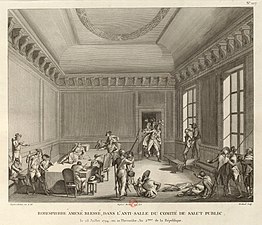 Pierre-Gabriel Berthault e Jean Duplessis-Bertaux, Robespierre ferido levado ao Comitê de Saúde Pública, 28 de julho de 1794, (Bibliothèque nationale de France)