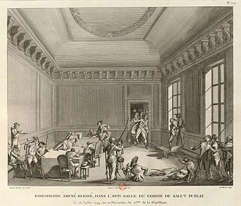 Robespierre, blessé à la mâchoire, est étendu sur une table dans l'anti-salle du Comité de salut public, le 10 thermidor an II (28 juillet 1794). Estampe, Paris, BnF, 1802.