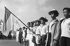 Nederlandse troepen vertrekken: bevolking met Indonesische vlag (nov. 1949)