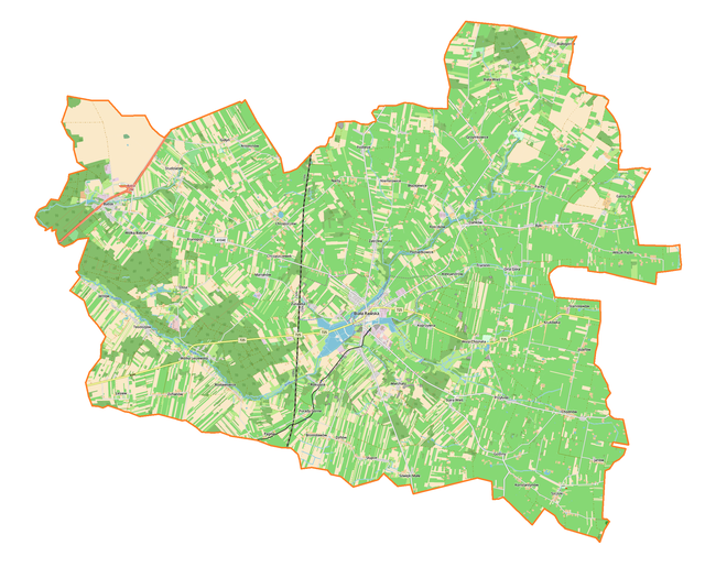 Mapa konturowa gminy Biała Rawska, w centrum znajduje się punkt z opisem „Biała Rawska”