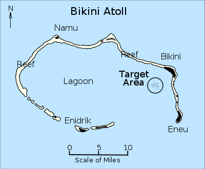 Карта атолла Бикини, выделена целевая зона.