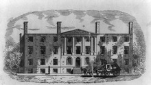 After the Burning of Washington in August 1814, Congress convened its third session in the U.S. Patent Office building, located in Blodget's Hotel. Blodget's Hotel, built 1793.tif