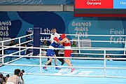 Deutsch: Boxen bei den Olympischen Jugendspielen 2018 Tag 12, 18. Oktober 2018 - Kampf um die Bronzemedaille im Fliegengewicht Mädchen – Heaven Destiny Garcia (USA, blau) schlägt Goryanana Stoeva (Bulgarien, rot) 5-0; Ringrichter ist Ishanguly Meretnyyazov (Turkmenistan). English: Boxing at the 2018 Summer Youth Olympics on 18 October 2018 – Girl's flyweight Bronze Medal Bout - Heaven Destiny Garcia (USA, blue) beats Goryanana Stoeva (Bulgaria, red) 5-0; Referee is Ishanguly Meretnyyazov (Turkmenistan). Español: Boxeo en los Juegos Olímpicos Juveniles de Verano de 2018 en 18 de octubre de 2018 - Combate a medalla de bronce de peso mosca para mujeres: Heaven Destiny Garcia (Estados Unidos, azul) le gana a Goryanana Stoeva (Bulgaria, roja) 5-0; El árbitro es Ishanguly Meretnyyazov (Turkmenistán).