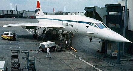 British Airways Concorde in early BA livery at London-Heathrow Airport, in the early 1980s