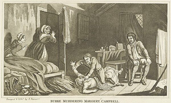 An 1829 illustration of Irish serial killer William Burke murdering Margery Campbell