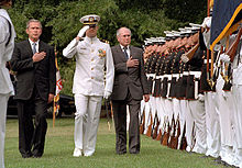 Prime Minister John Howard with US President George W. Bush in Washington D.C. on 10 September 2001 Bush-Howard 2001 review.jpg