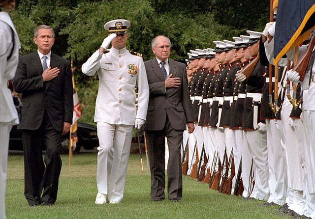 Australian Prime Minister John Howard and US President George W. Bush on 10 September 2001. Howard was in Washington during the 11 September attacks.